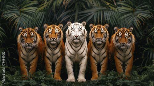 An albino white tiger standing in the middle of a group of four orange and black striped tigers with the background of green tropical trees © K.A