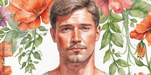 Watercolor Portrait of a Handsome Man on a Floral Background