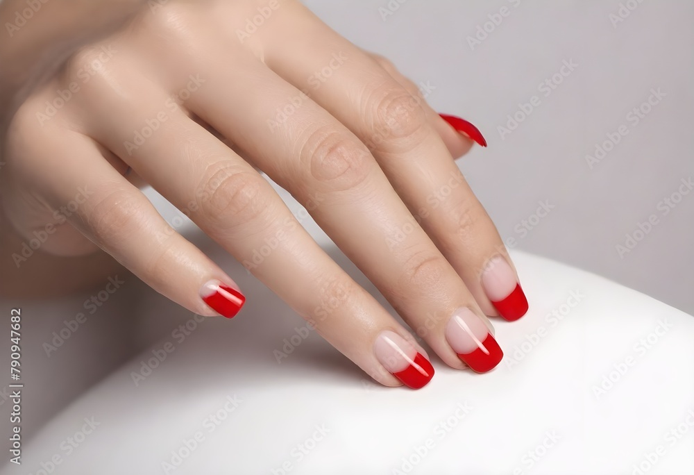 Manicured hands with bright red nail polish on a white background Manicured hands with bright red nail polish on a white background