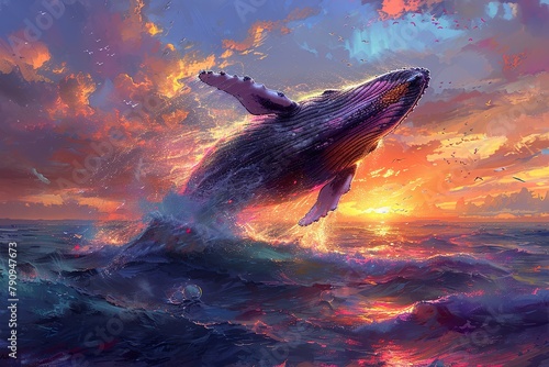 photo of a whale jumping out from the ocean,beautiful sunset in the style of a Claude Monet painting photo