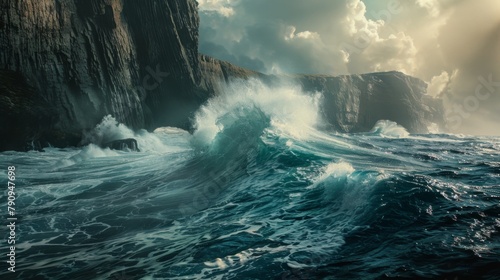 A dramatic seascape with towering waves crashing against rugged cliffs, showcasing the untamed power and beauty of the open ocean.