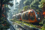 Concept art of a city powered by hydrogen energy, Sleek train cruises on city tracks, amidst a serene urban garden; tall buildings aglow with soft lights, greenery surrounds tranquil scene.