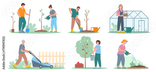 Set of gardening people isolated on white background. Gardeners or farmers watering, planting, growing and mowing. Agricultural workers in garden or city park. Flat or cartoon vector illustration.