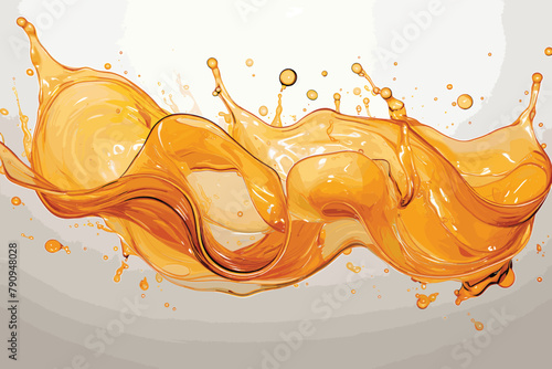 juice splash with peaches on white background. Horizontal pattern splashes and fruit. The right and left sides of the illustration seamlessly fit together. Realistic vector illustration.