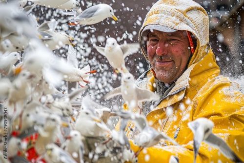 The fisherman's journey through changing seasons, Smiling man in a snow-dusted yellow hood surrounded by a chaotic flutter of seagulls, with water droplets frozen mid-air in a dynamic scene. photo