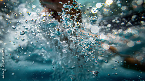 A stream of bubbles trails behind a swift swimmer's kick photo