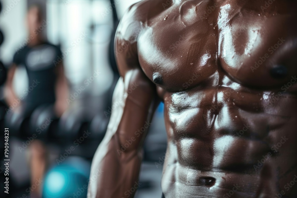 Close-up of a well-defined six-pack on a sweaty athlete after an intense workout session, gym background with equipment - obrazy, fototapety, plakaty 