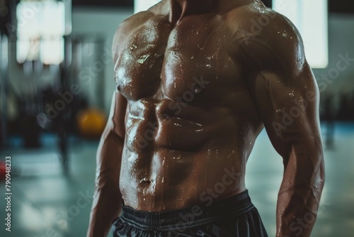 Close-up of a well-defined six-pack on a sweaty athlete after an intense workout session, gym background with equipment photo