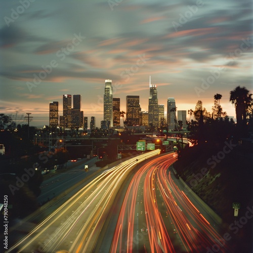 City skyline blurred by the rush of high speed vehicles at dusk with light trails painting an urban tapestry