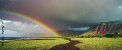 Hope and Diversity: Hawaiian Landscapes Blossoming with Rainbows After Rain in the Rain Season