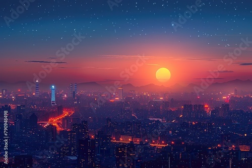 panoramic view of a city Beijing skyline at sunset in Holographic Zen style,