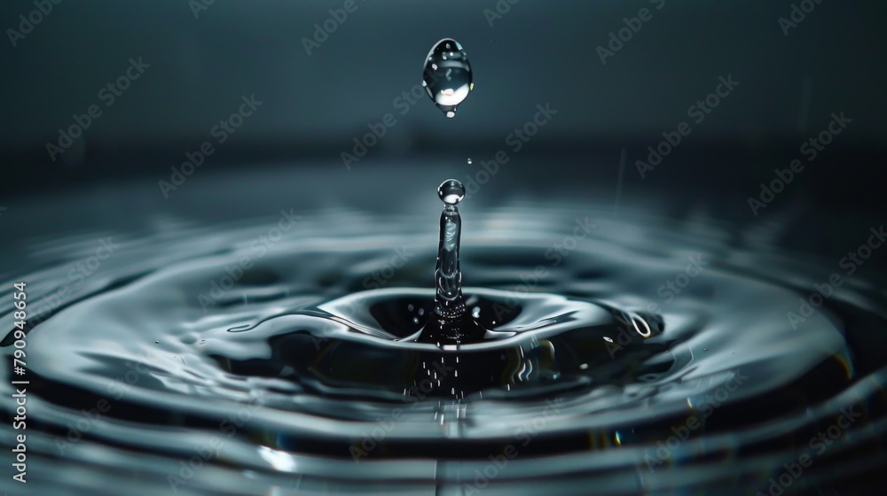 A droplet of water suspended in mid-air, caught in the moment of splashing against a smooth surface, frozen in time for artistic effect.