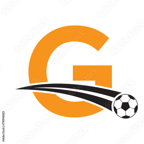 Football Logo On Letter G Concept With Moving Football Symbol. Soccer Sign