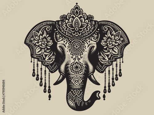 Indian elephant head. Jewelry and gems. Engraving vintage vector illustration, monochrome black color. Woodcut	