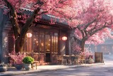 photorealistic image of cozy cafe with nice furniture and sakura