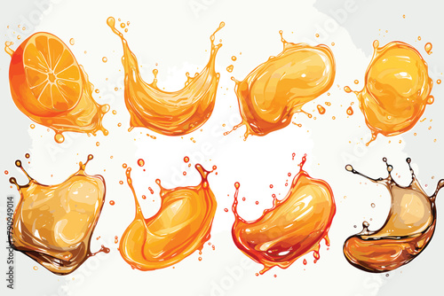  juice splash with peaches on white background. Horizontal pattern splashes and fruit. The right and left sides of the illustration seamlessly fit together. Realistic vector illustration.