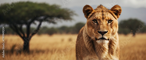 Safari Storm: A lioness in the Kenyan savanna, her coat speckled with rain, embodying the wild spirit of Africa in Close-up on Rain Season Photo Stock Concept
