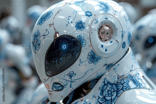 robot with chinese porcelain texture  hyper realistic  humanity looks like  blue and white color 