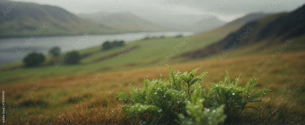 Scottish Highlands in Rain Season: A Glistening Testament to the Lush Nature of Scotland with Morning Dew - Stock Photo Concept
