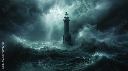 Dark oil slicked ocean with a single lighthouse standing resilient a beacon of hope in environmental turmoil