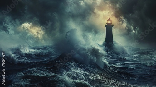 Dark oil slicked ocean with a single lighthouse standing resilient a beacon of hope in environmental turmoil