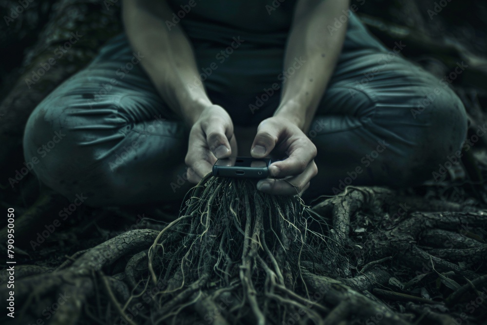 Digital roots growing from a smartphone into the hands of users depicting connectivity and its grasp on modern society