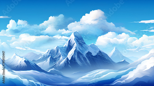 White snowcapped mountains, blue sky and white clouds in the background art design