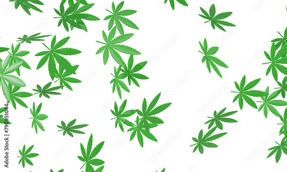 Many green cannabis leaves flying isolated on white background. 3d rendering     