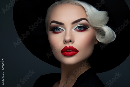 Portrait of a woman with makeup. red pomade. black background photo