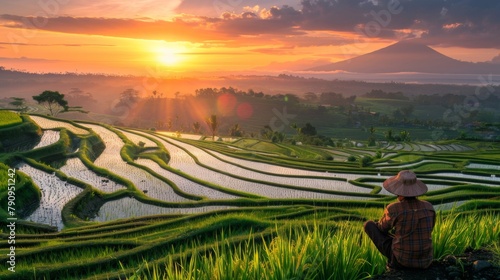 A farmer taking a moment to admire the breathtaking sunset over endless rice fields stretching to the horizon.