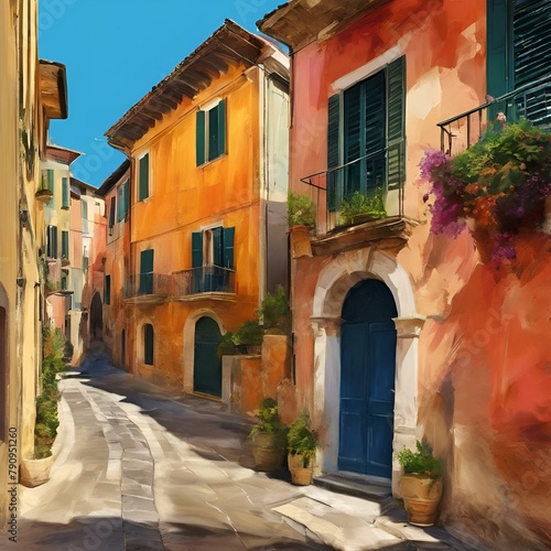 AI generated illustration of colorful buildings in a narrow alleyway in a vibrant painting