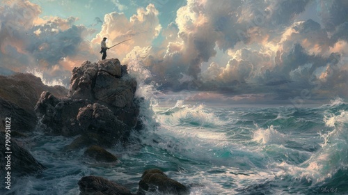 A fisherman perched atop a rocky outcrop, casting his line into the turbulent ocean below. photo
