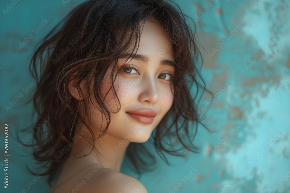Young Asian model smiles at the camera. Charming young woman with short wavy hair and a serene expression stands against a tiled aqua backdrop. Elegant girl with bobbed curls and soft makeup Young Asian model smiles at the camera. Charming young woman with short wavy hair and a serene expression stands against a tiled aqua backdrop. Elegant girl with bobbed curls and soft makeup