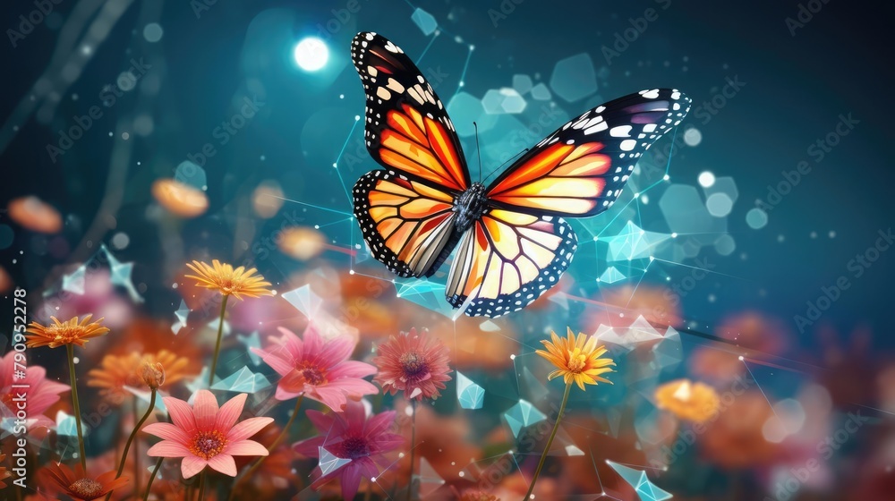 A whimsical scene of a polygon butterfly hovering over a digital flower garden, illustrating a fusion of technology and natural elements A whimsical scene of a polygon butterfly hovering over a digital flower garden, illustrating a fusion of technology and natural elements