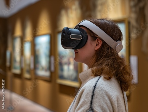 A woman wearing a white jacket and a white headband is looking at a painting. She is wearing a virtual reality headset