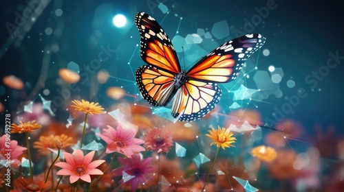 A whimsical scene of a polygon butterfly hovering over a digital flower garden, illustrating a fusion of technology and natural elements © nitnicha