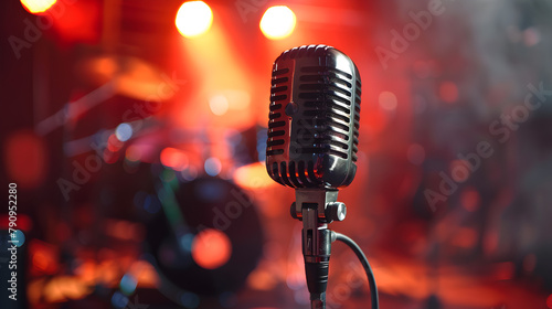 Vintage microphone on a stage with dramatic lighting  conveying a timeless musical ambiance   