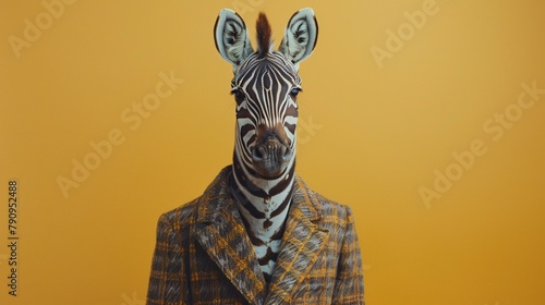 Elegant zebra in a sharp blazer capturing the blend of wildlife chic and modern fashion in a studio setting