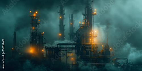 Night factory concept poster background. Night plant with pipes and towers with lights. Oil refineries and the petroleum industry. Heavy industry. Raster digital illustration photo style. AI artwork.
