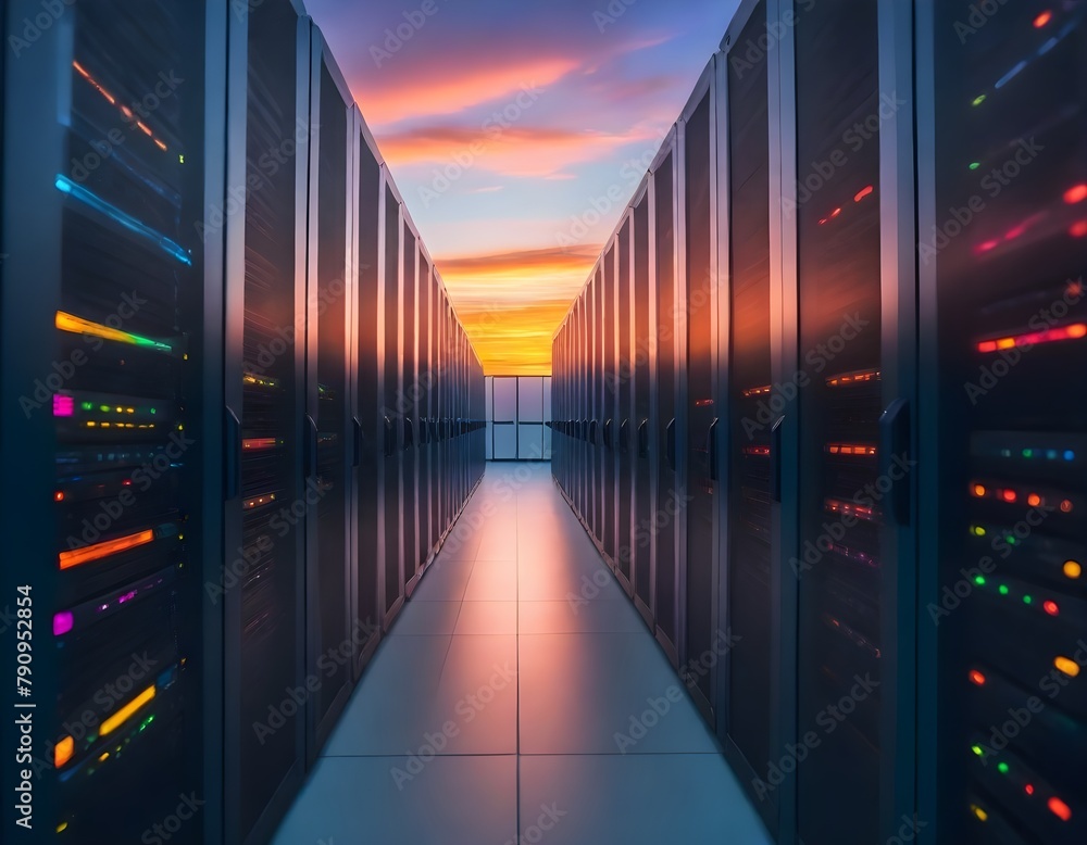 A long row of server racks in a server room , with a overcast sky visible through the glass walls A long row of server racks in a server room , with a overcast sky visible through the glass walls