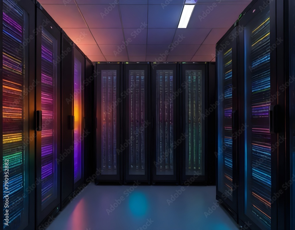 A long row of server racks in a server room , with a overcast sky visible through the glass walls A long row of server racks in a server room , with a overcast sky visible through the glass walls