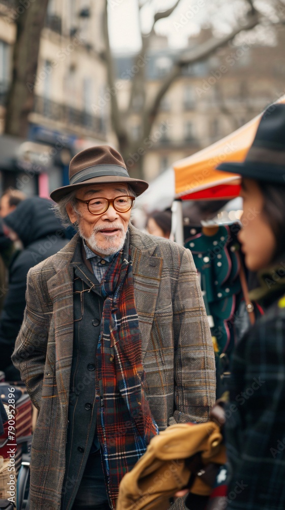 Fashionable grandfather at a vibrant street market giving style advice to young shoppers