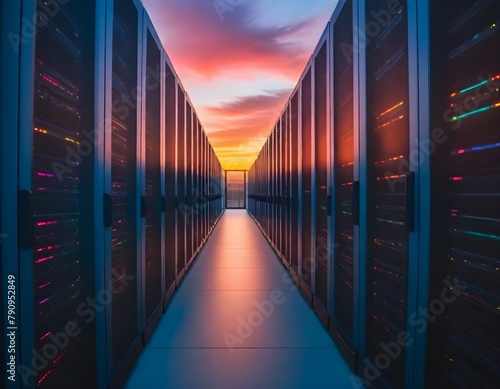 A long row of server racks in a server room , with a overcast sky visible through the glass walls