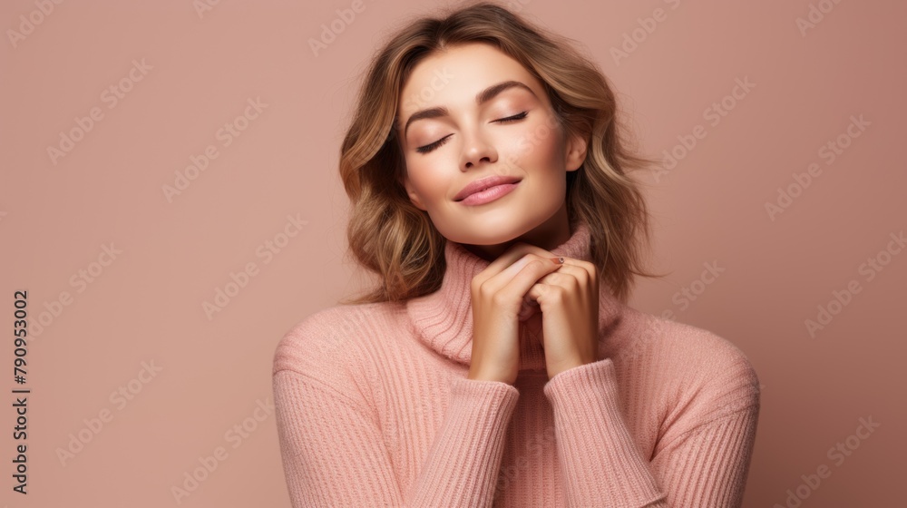 Serene Beauty in Pink Sweater with Closed Eyes on Pastel Background Serene Beauty in Pink Sweater with Closed Eyes on Pastel Background