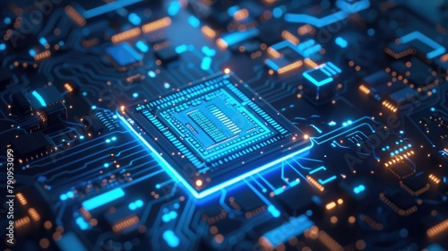 Macro shot of a microprocessor for artificial intelligence, highlighted with neon blue lights against a dark, abstract background photo
