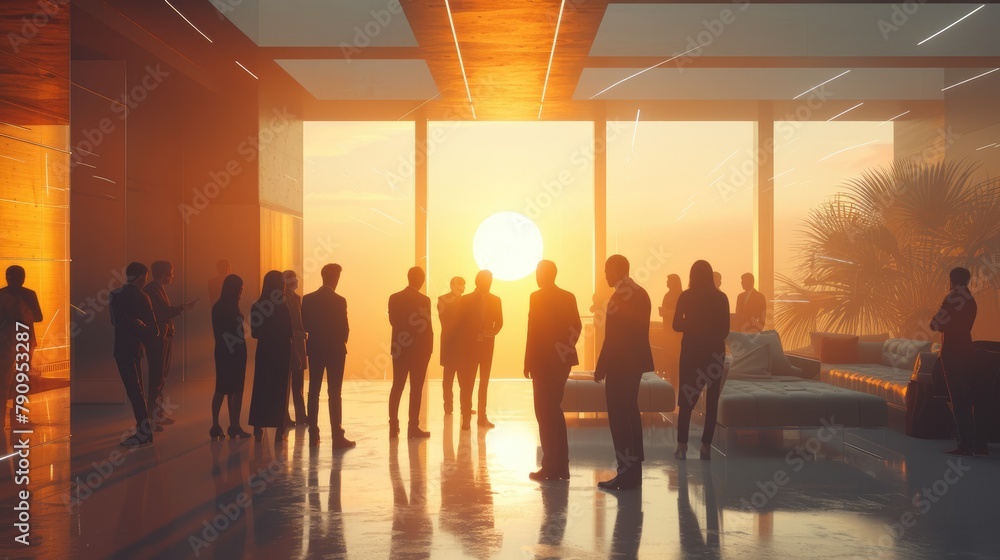 Corporate Event at Sunset: Professionals Networking in Modern Office Space