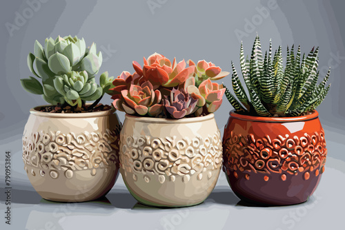 Gold, silver and copper metallic geometric planters on black background. Modern beautiful painted concrete planters and cactus plants or succulent plants. Home and garden decoration concept.