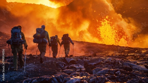 A group of terrified hikers fleeing from a volcanic eruption, highlighting the danger and unpredictability of volcanic activity. photo