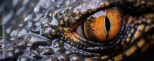 Intense closeup of a crocodiles eye, capturing the reptilian detail and rough texture of its skin, set against a murky water background photo