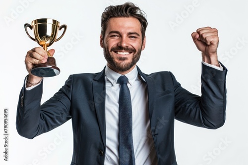 Confident businessman in suit celebrating success with a gold trophy against a white background. Smiling Businessman Triumphantly Holding a Trophy